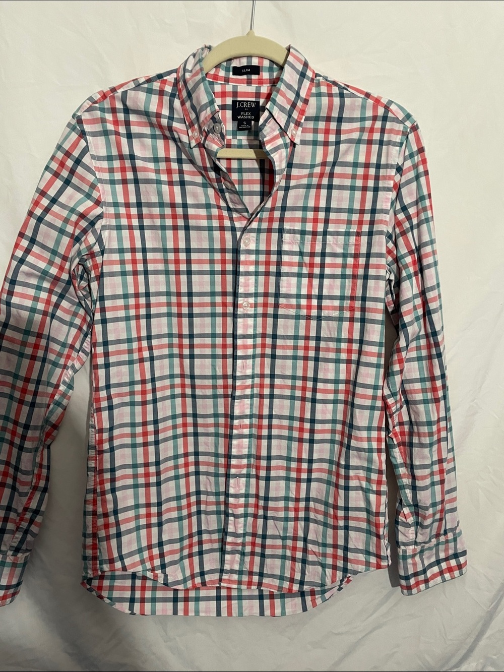 J. Crew Men’s Red, Green & White Plaid Button-Down Shirt Slim